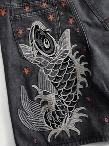 ROMWE MEN 男士刺繡圖案寬鬆牛仔短褲 - 灰色 - 查看 2