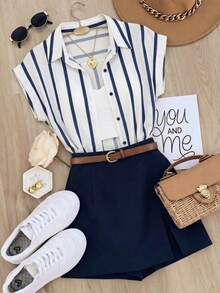 SHEIN LUNE Women Navy And White Striped Shirt And A-Line Skort Two Pieces Set,Short Sleeve Button Down Top Solid Skort,Summer,Smart Casual,Elegant,Vacation - Blue and White - View 3