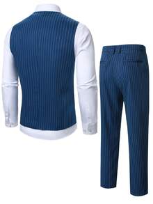 Manfinity Mode Conjunto de chaleco y pantalones a rayas de moda para hombres - Neblina azul - Ver 2