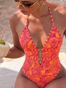 Swim Vcay Vintage Vacation Style Women's One-Piece Swimsuit, Orange And Beige Color Block Marine Life Print, Halter Neck Tie, Double Layer Hollow Out, Metal Star Decor, High Cut Bodycon, Retro Vacation Style, Spring Easter Beach Coast Holiday Fashion Look - Orange - View 3
