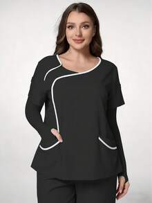 TaskEZ Black Plus Size Women's Fashion V-Neck Short Sleeve Contrast Color Patchwork Trim Uniform, Double Pocket Nurse Scrub Top, Summer Work Uniform - Multicolor - View 1