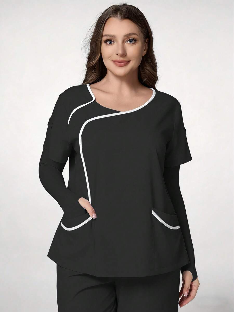 TaskEZ Black Plus Size Women's Fashion V-Neck Short Sleeve Contrast Color Patchwork Trim Uniform, Double Pocket Nurse Scrub Top, Summer Work Uniform - Multicolor - View 1