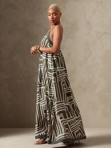 Vixey Geometric Print Border Detail Cami Strap Flowy A Line Midi Dress, Resort Wear, Beach To Dinner, Resort Chic, Vacation Ready, Cruise Outfit - Army Green - View 4