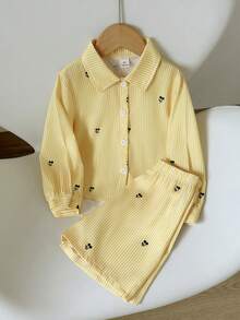 SHEIN Elladie kids 2件組少女櫻桃色拼色不對稱領長袖條紋上衣，背後蝴蝶結裝飾，搭配條紋長褲，學院休閒風 - 彩色 - 查看 4