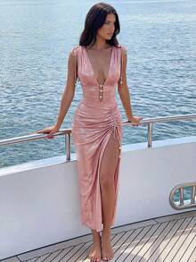 Bonvoyette Damen Sommerurlaub Lässig Strandkleidung Rosa glänzender Einteiler Bikini 2 Stücke Set mit Kordelzug Bindung Rock Perle elegant hochwertiges Outfit - Pink - Übersicht 6