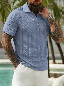 Manfinity Homme 男士短袖紋理布料 Polo 衫，適合外出、聚會與度假穿著 - 藍色 - 查看 7