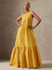 Vixey Solid Woven One Shoulder Tiered Hem Maxi Dress With Pockets, Resort Wear, Beach To Dinner, Resort Chic, Vacation Ready, Cruise Outfit, Vacation Outfit - Yellow - View 4