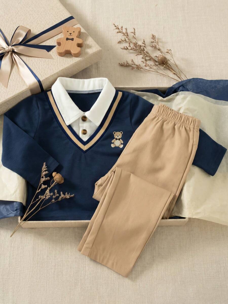 Souflis Souflis 1件男嬰套裝，針織長袖 Polo 2合1印花胸前衛衣上衣 + 鬆緊腰長褲，卡其色，秋季休閒親子穿搭風