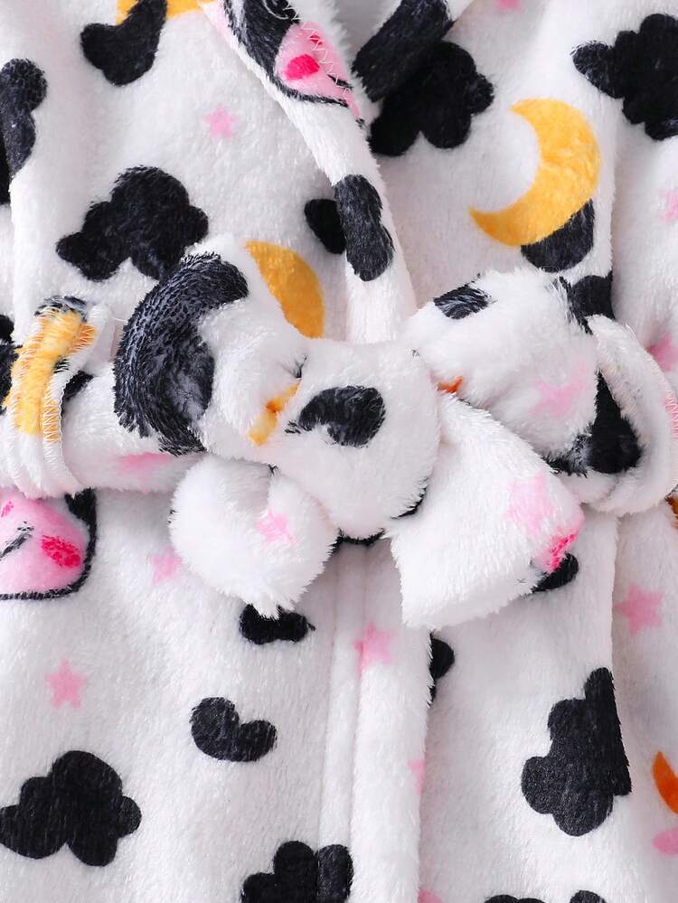Newborn Baby Cow Print Hooded Coral Fleece Bathrobe, Unisex Infant Cute All-Over Print Tie Waist Plush Absorbent Home Sleepwear - Multicolor - View 6