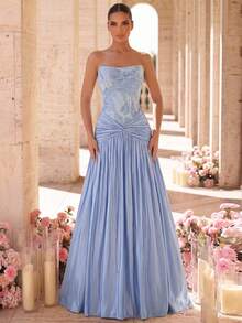 Glamrae Elegant Luxury Mesh Embroidered Off-Shoulder Organza Handmade Pleated Boning Slit Bodycon Floor-Length Evening Gown For Wedding Party Formal Occasion - Blue - View 1