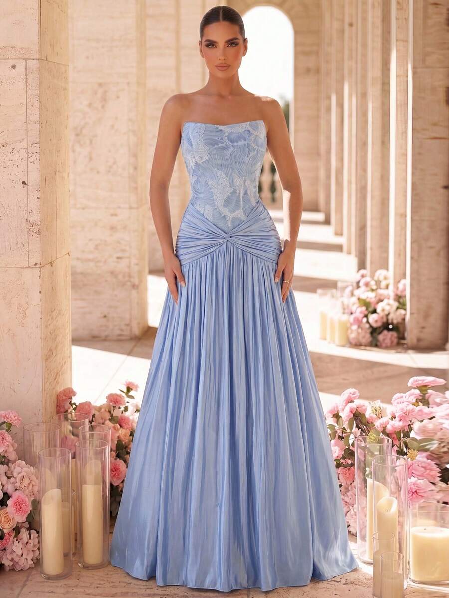 Glamrae Elegant Luxury Mesh Embroidered Off-Shoulder Organza Handmade Pleated Boning Slit Bodycon Floor-Length Evening Gown For Wedding Party Formal Occasion - Blue - View 1