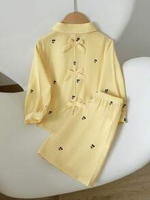 SHEIN Elladie kids 2件組少女櫻桃色拼色不對稱領長袖條紋上衣，背後蝴蝶結裝飾，搭配條紋長褲，學院休閒風 - 彩色 - 查看 3