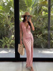 Bonvoyette Damen Sommerurlaub Lässig Strandkleidung Rosa glänzender Einteiler Bikini 2 Stücke Set mit Kordelzug Bindung Rock Perle elegant hochwertiges Outfit - Pink - Übersicht 3