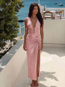 Bonvoyette Damen Sommerurlaub Lässig Strandkleidung Rosa glänzender Einteiler Bikini 2 Stücke Set mit Kordelzug Bindung Rock Perle elegant hochwertiges Outfit - Pink - Übersicht 1