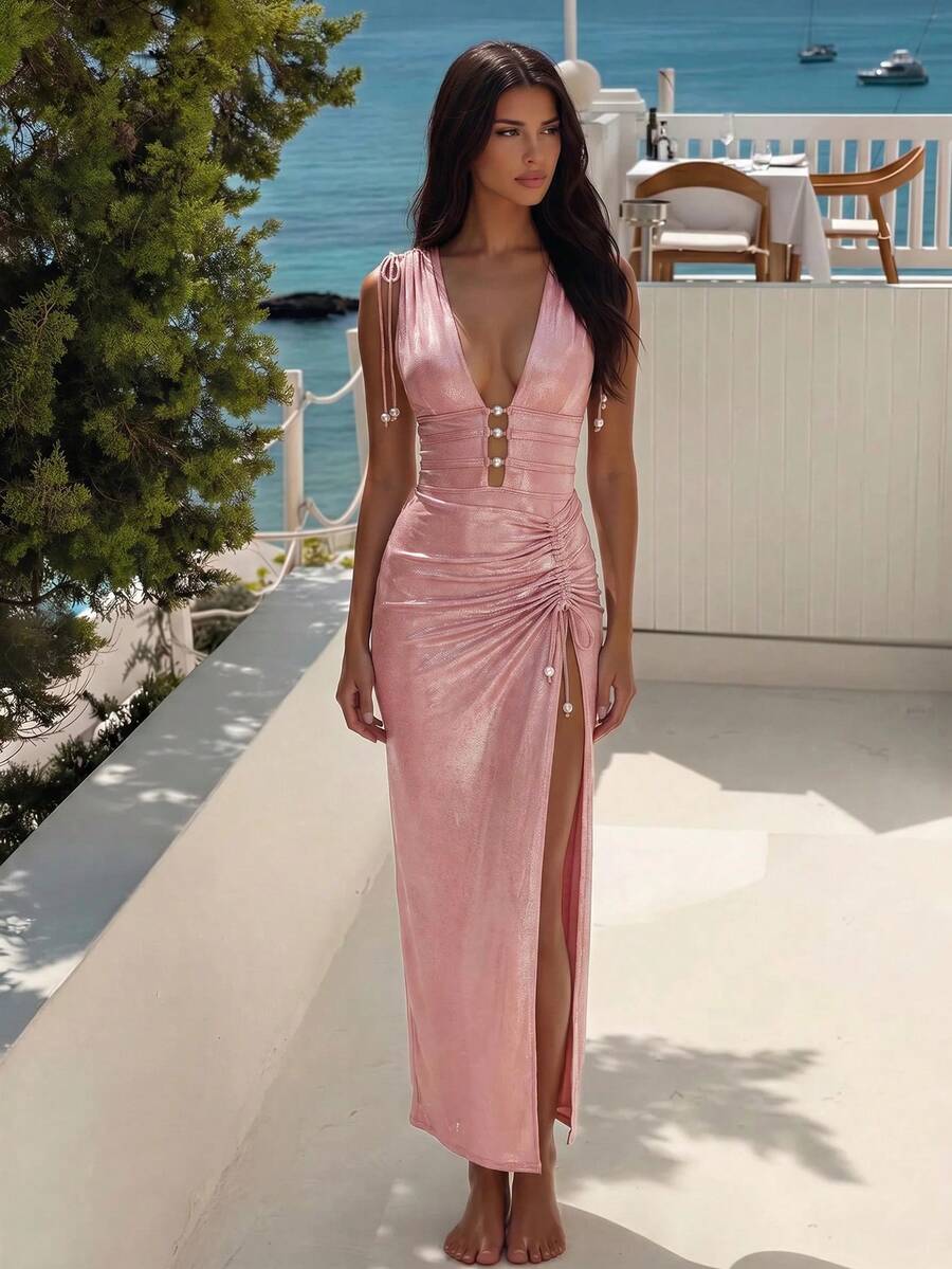 Bonvoyette Damen Sommerurlaub Lässig Strandkleidung Rosa glänzender Einteiler Bikini 2 Stücke Set mit Kordelzug Bindung Rock Perle elegant hochwertiges Outfit - Pink - Übersicht 1