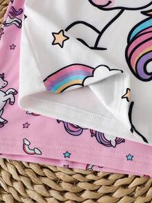 4pcs/Set Young Girl' Cartoon Unicorn Print Short Sleeve Top And Shorts Set, White & Pink Knit Round Neck, Comfortable Stretchy Pajamas For Summer - Multicolor - View 5