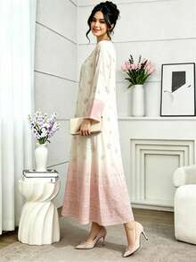 SHEIN Najma 碎花V领长袖连衣裙，优雅渐变碎花连衣裙，春夏时尚 - 彩色 - 查看 3
