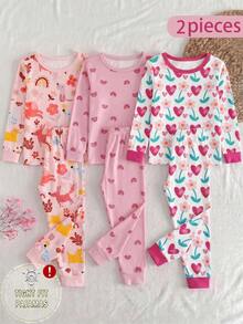 SHEIN Genkimix Kids 2件/1套女嬰夏季可愛迷人白色底粉色愛心與花卉印花、荷葉邊下擺、俏皮活潑。適合女嬰夏季戶外玩耍圓領套頭長袖長褲針織面料舒適柔軟高彈性面料修身款家居服兩件套睡衣 - 彩色 - 查看 7