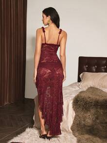 Slumberist Burgundy French Eyelash Lace Cami Ruched Sheer High Slit Asymmetrical Long Mermaid Sexy Women's Nightgown - Burgundy - View 2