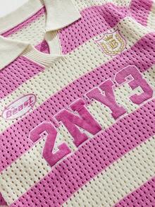 ROMWE MEN Plus Size Men's Digital Embroidered Striped Short Sleeve Hollow Knit Top - Hot Pink - View 2