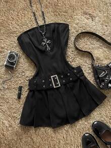 Attitoon Women's Solid Color Corn Buckle Design Fashionable Date Party Mini Bandeau Dress - Black - View 9