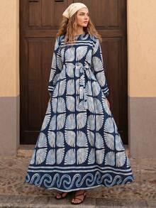 Women's Abstract Motif Print Long Sleeve Long Dress - Blue - View 2