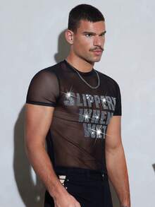 FeverCity Men's Summer Sexy Rhinestone Decor Sheer Mesh T-Shirt - Black - View 5