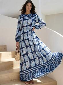 Women's Abstract Motif Print Long Sleeve Long Dress - Blue - View 3