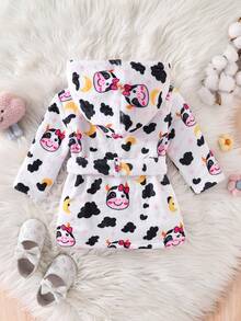 SHEIN Playful Pals 新生兒嬰兒牛紋連帽珊瑚絨浴袍，中性嬰兒可愛滿版印花繫腰毛絨吸水居家睡衣 - 彩色 - 查看 3