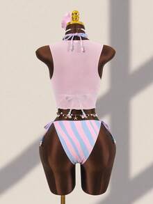 Zestiva Women's Summer Beach Vacation Halter Tie Beaded Decor Backless Sexy Bikini Swimsuit 3-Piece Set - Multicolor - View 2