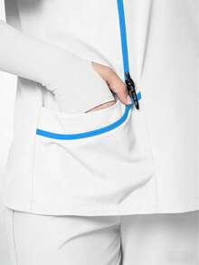 TaskEZ White Plus Size Women's Fashion V-Neck Short Sleeve Contrast Color Patchwork Decor Blue Trim Uniform, Double Pocket Nurse Scrub Top, Summer Work Uniform - Multicolor - View 4