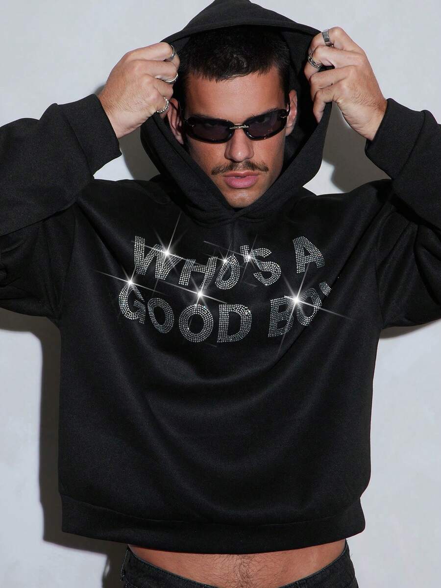 FeverCity Men's Fashion Rhinestone Decorated Hoodie - Black - View 1