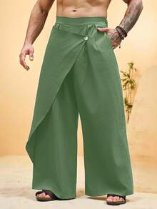 VENTUSAIL Men's Solid Color Deconstructed Pleated Loose Fit Long Pants - Army Green - View 6