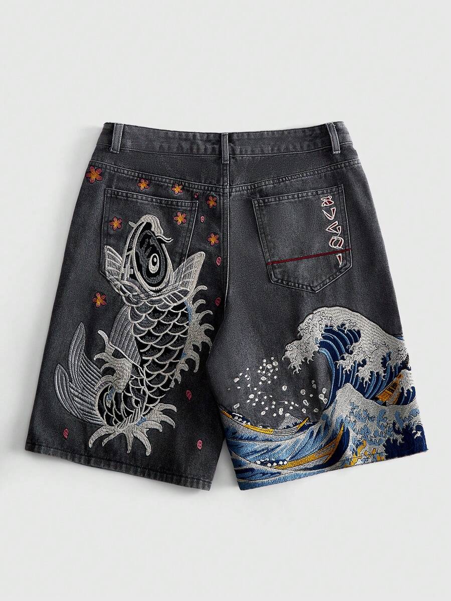 ROMWE MEN 男士刺繡圖案寬鬆牛仔短褲 - 灰色 - 查看 1