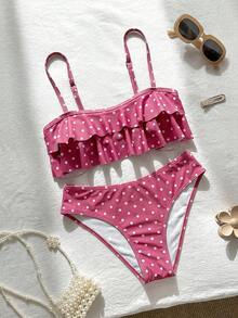 Swim Mod 花卉蕾絲可愛甜美復古休閒度假海灘海邊女款泳衣套裝 - 紅色 - 查看 5