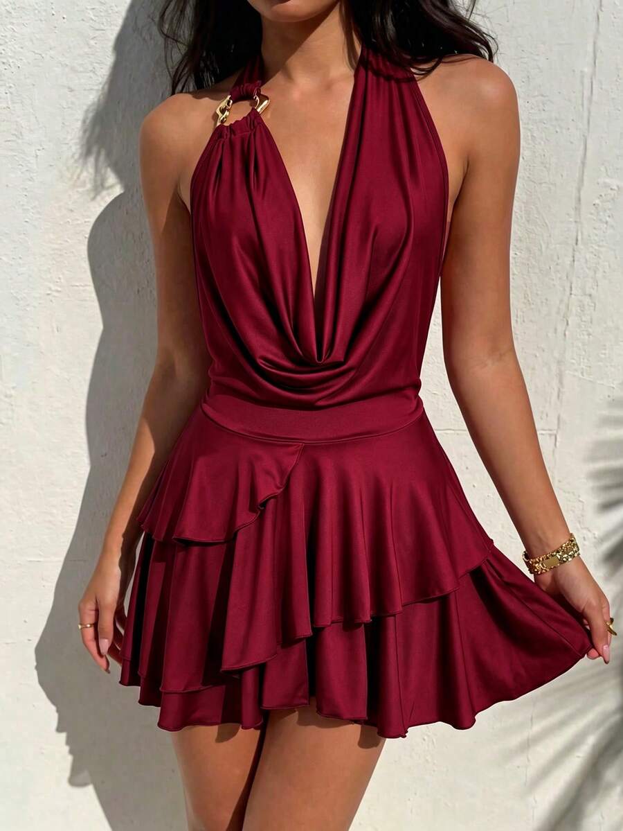 Bonvoyette Women's Solid Color Cowl Neck Backless Halter Ruffle Tiered Beach Cover-Up Dress - Burgundy - View 1