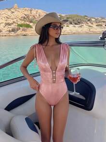 Bonvoyette Damen Sommerurlaub Lässig Strandkleidung Rosa glänzender Einteiler Bikini 2 Stücke Set mit Kordelzug Bindung Rock Perle elegant hochwertiges Outfit - Pink - Übersicht 5