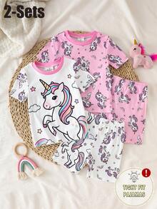 4pcs/Set Young Girl' Cartoon Unicorn Print Short Sleeve Top And Shorts Set, White & Pink Knit Round Neck, Comfortable Stretchy Pajamas For Summer - Multicolor - View 3