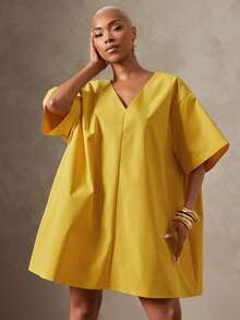 Vixey Solid Woven Drop Shoulder Sleeve Boxy Oversized Short Dress, Resort Wear, Beach To Dinner, Resort Chic, Vacation Ready, Cruise Outfit, Vacation Outfit - Mustard Yellow - View 4