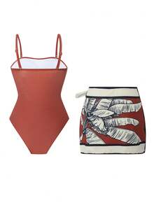Swim Oasis 2026 Spring/Summer Plus Size 2-Piece Set Coconut Tree Graphic Print Large Scoop Neck Detachable Shoulder Strap One-Piece Swimsuit With Skirt Women's Outfit Suitable For Beach Vacation - Multicolor - View 4