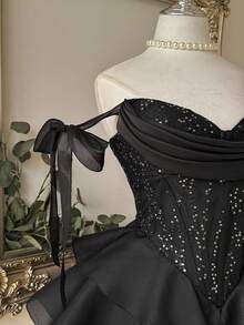 Lovelzi Elegant Glamorous Black Sequin 3D Applique Off-Shoulder Corset Boned Ruched Tiered Layered Ruffle A-Line Mini Dress Prom Homecoming Cocktail Party - Black - View 5
