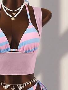 Zestiva Women's Summer Beach Vacation Halter Tie Beaded Decor Backless Sexy Bikini Swimsuit 3-Piece Set - Multicolor - View 7