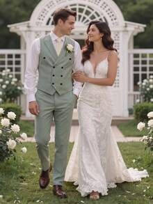 Manfinity Bizformal 男士鼠尾草綠亞麻婚禮西裝，夏季優雅婚禮賓客套裝，儀式，正式 - 綠色 - 查看 5