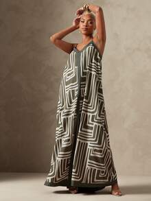Vixey Geometric Print Border Detail Cami Strap Flowy A Line Midi Dress, Resort Wear, Beach To Dinner, Resort Chic, Vacation Ready, Cruise Outfit - Army Green - View 3