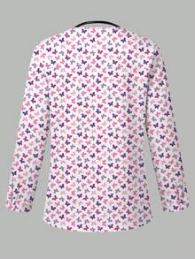 TaskEZ Floral White Butterfly Pattern Scrub Jacket, Autumn Fashion Cardigan With Ear Loop Design Women Nurse Uniform Top Healthcare Work Maid Police Officer - Multicolor - View 2