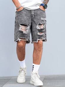 Manfinity Roughcore Quần short denim thiết kế hình thang rộng rãi cho nam - Xám - Xem 4