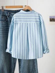 SHEIN 青少年女孩 (13-19歲) 休閒街頭風極簡淺藍色細條紋長袖鈕扣襯衫 返校季生日禮物 Bottle Girl 風格套裝 - 彩色 - 查看 2