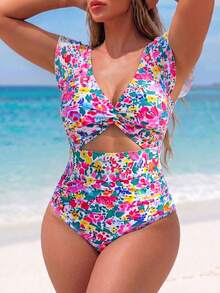 Swim Lushoire Costume da bagno intero con stampa floreale all-over per taglie forti, adatto per le vacanze estive - Multicolore - Visualizzare 4