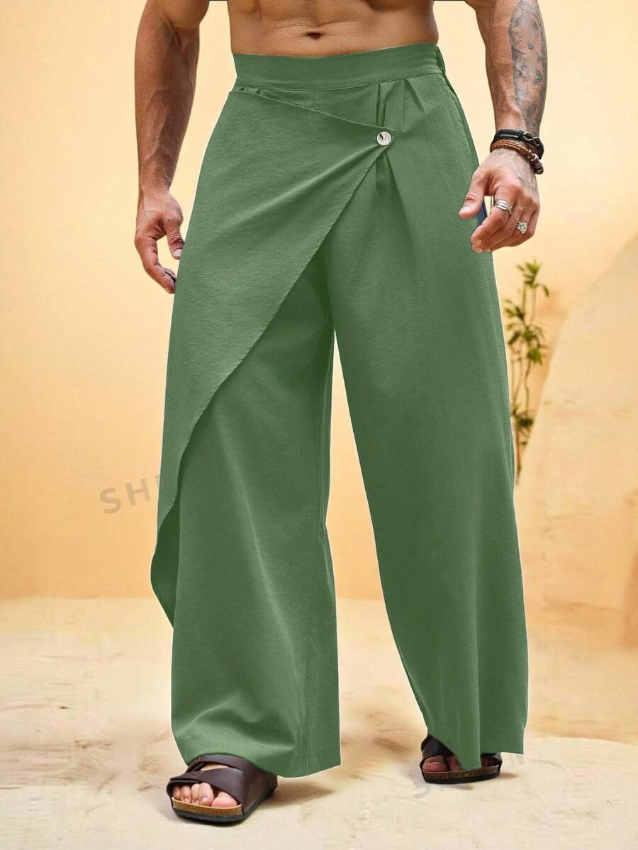 VENTUSAIL Men's Solid Color Deconstructed Pleated Loose Fit Long Pants - Army Green - View 1