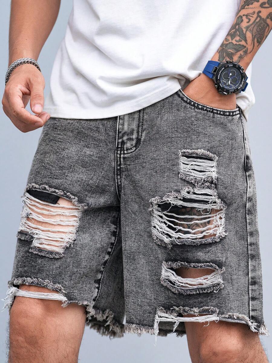 Manfinity Roughcore Quần short denim thiết kế hình thang rộng rãi cho nam - Xám - Xem 1